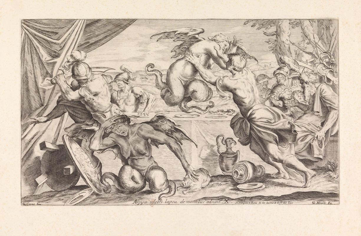 Giuseppe Maria Mitelli - Aeneas and his army fighting the harpies (Arpijae celebri lapsu de montibus adsunt)