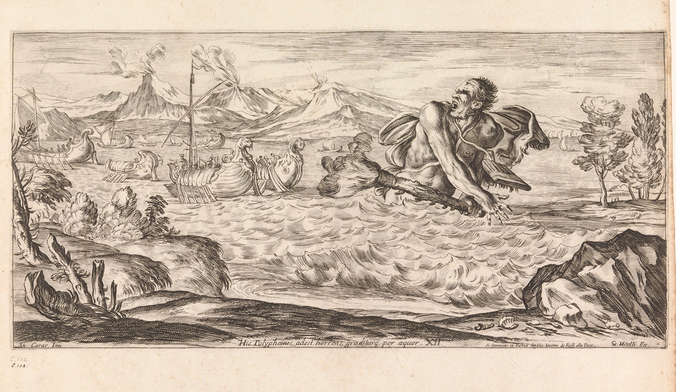 Giuseppe Maria Mitelli - Polyphemus threatening Aeneas’s fleet (Hic Polyphemus adest horrens, graditurq per aequor)