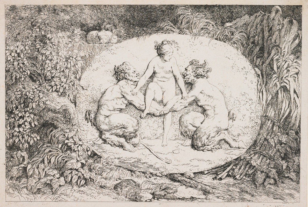 Jean-Honoré Fragonard - A Nymph Alighting on the Arms of Two Satyrs