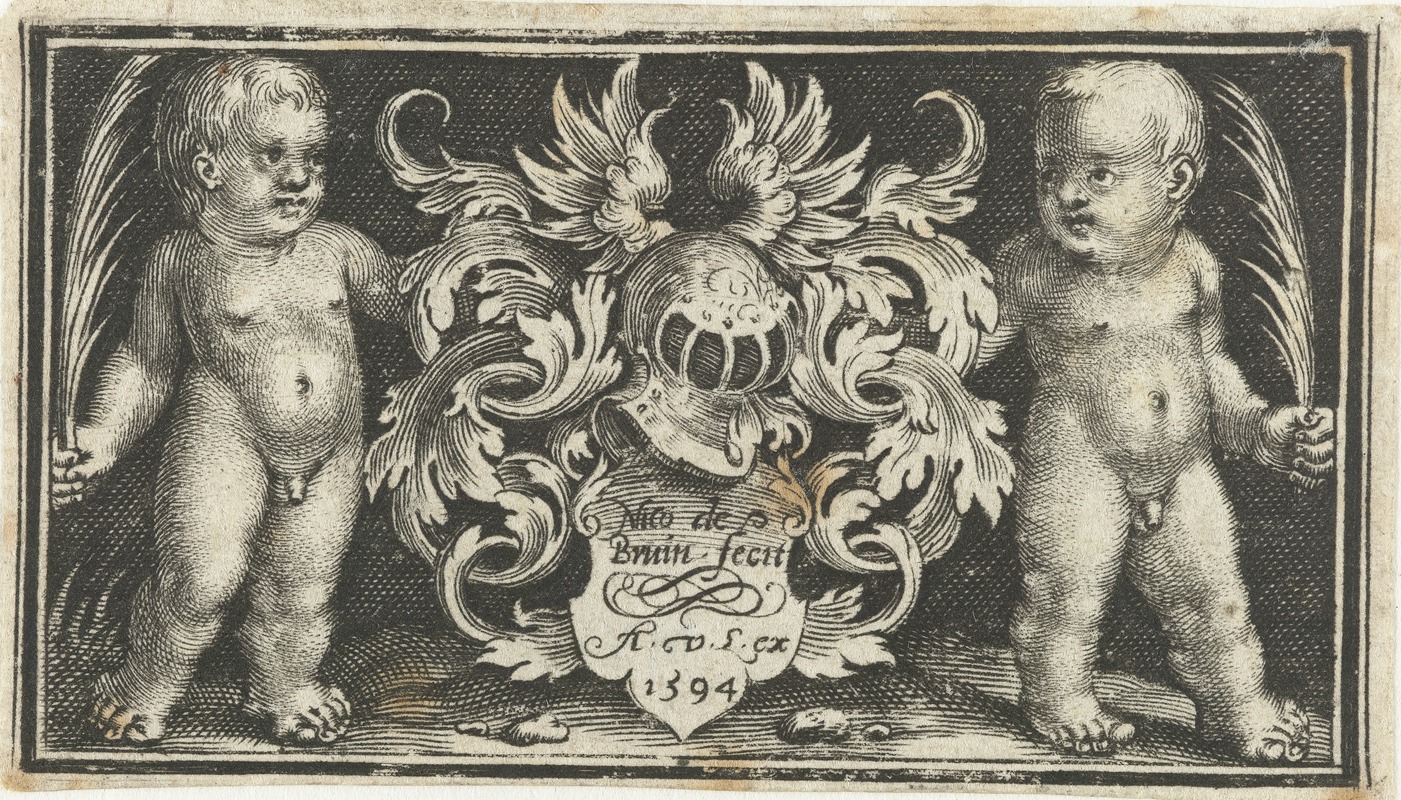 Nicolaes de Bruyn - Coat of arms with helmet held by two putti