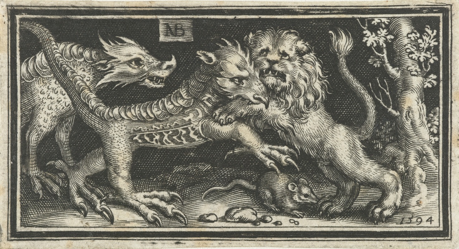 Nicolaes de Bruyn - Lion fighting fantasy creatures