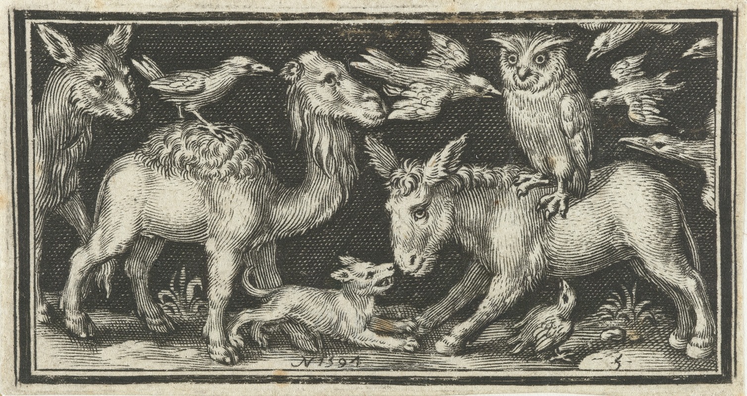 Nicolaes de Bruyn - Owl on donkey’s back attacked by birds