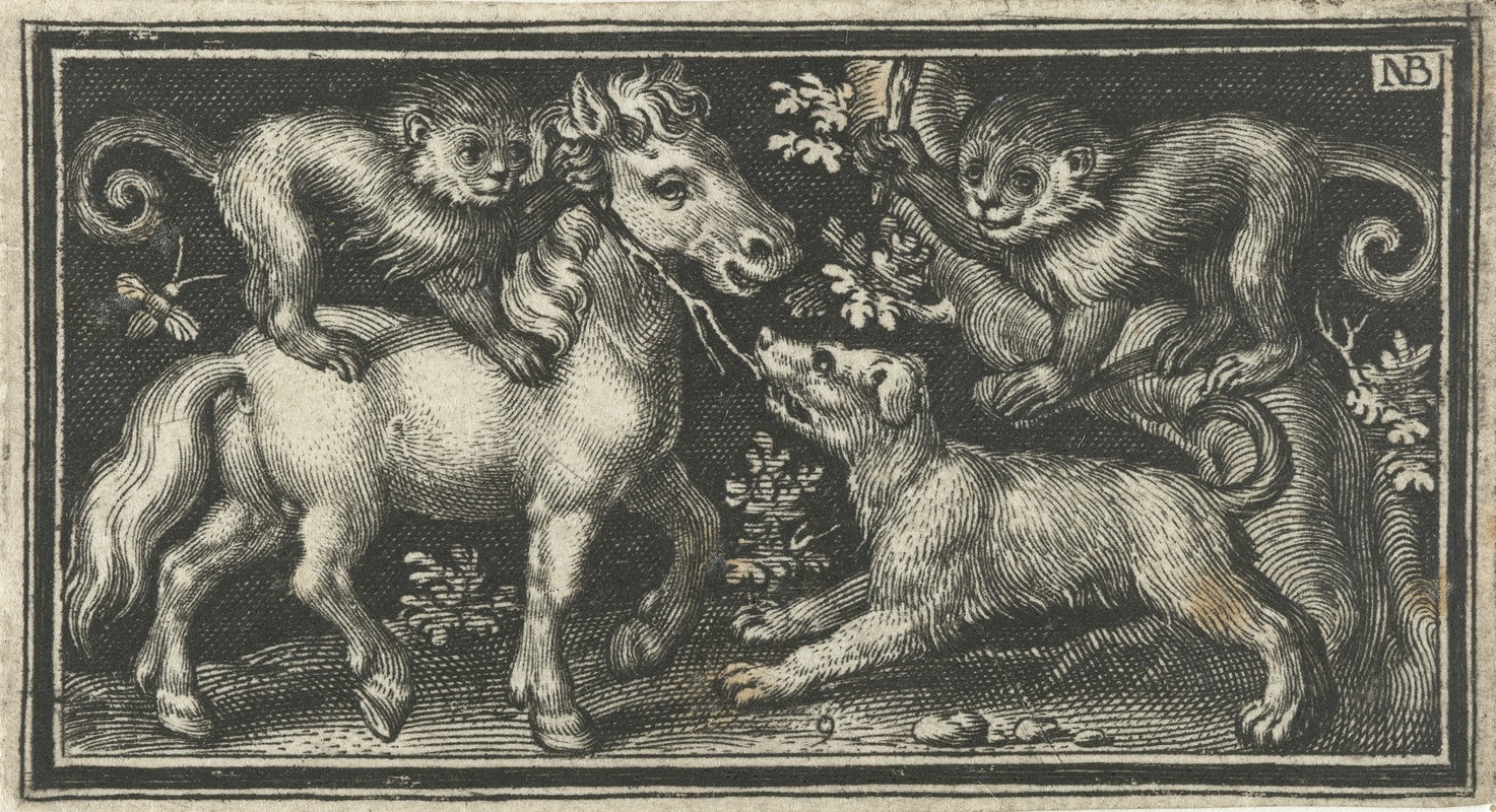 Nicolaes de Bruyn - Two monkeys bully a dog