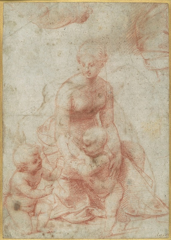 Raphael - Madonna and Child with the Infant Saint John the Baptist; upper left, Study for the Right Arm of the Infant Saint John; upper right, Study for Drapery