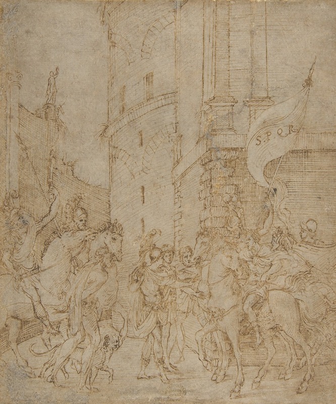 School of Marcantonio Raimondi - Emperor greeted by a warrior