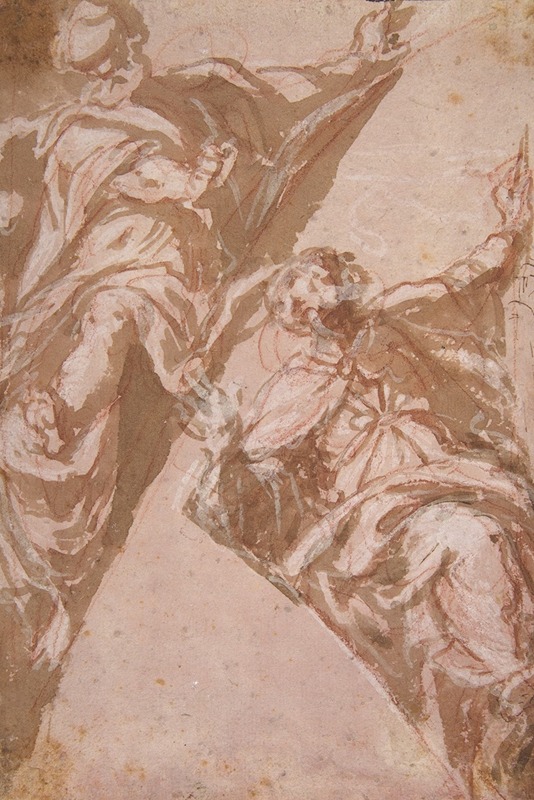 Andrea Schiavone - Two Seated Male Figures Within Spandrels