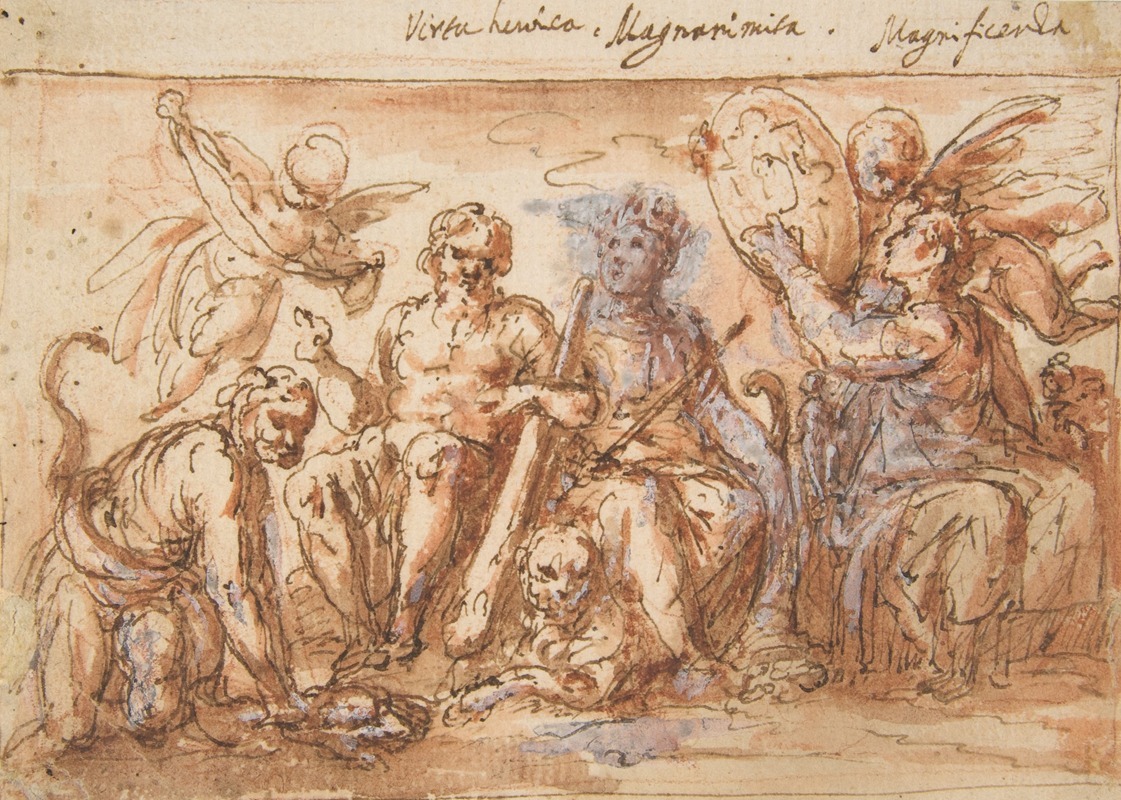 Bernardino Rodriguez - Allegorical Figures; Force, Hercules Strangling the Hydra, Plenty, and Fame