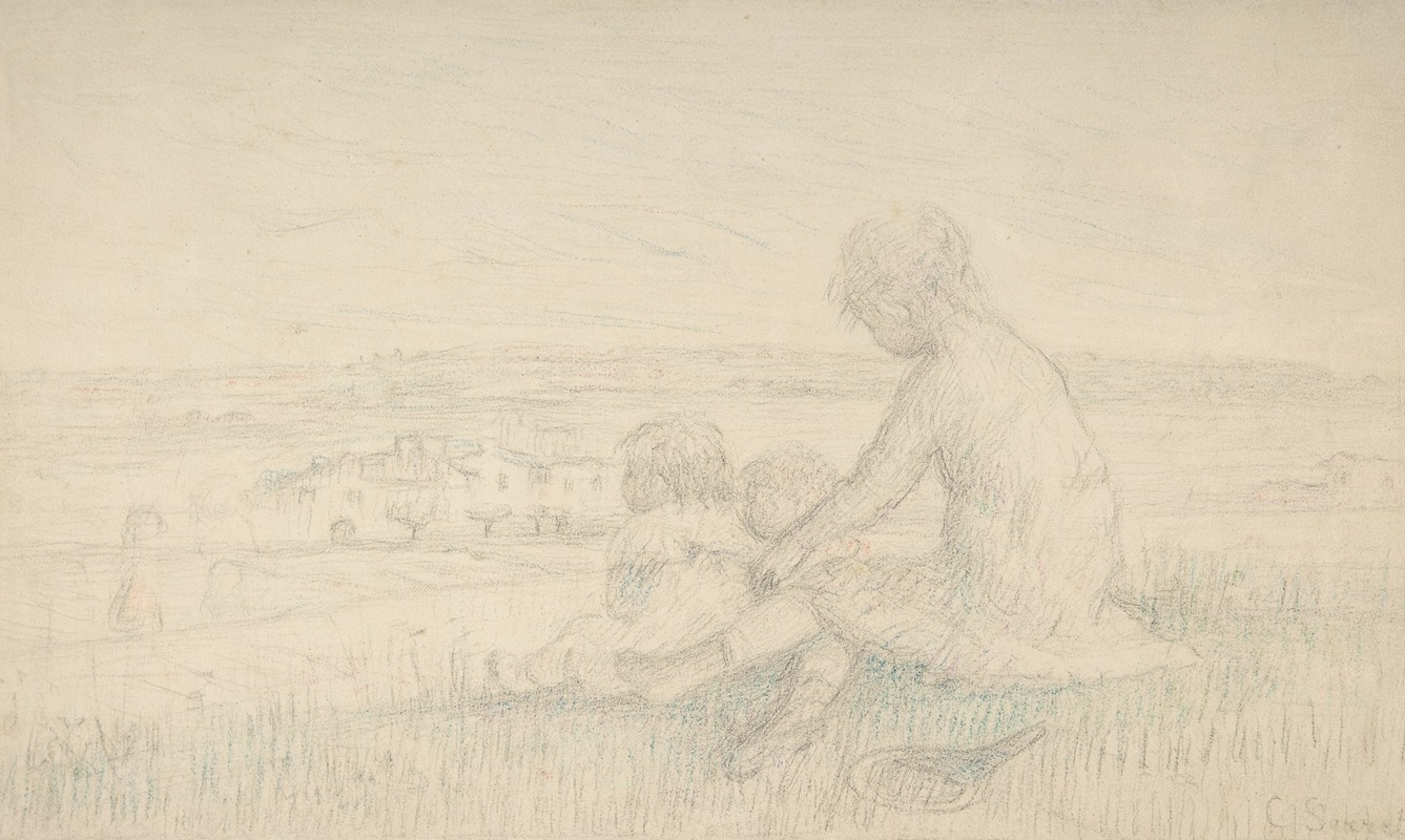 Charles-Emmanuel Serret - Children Seated on a Hillside with a Racquet