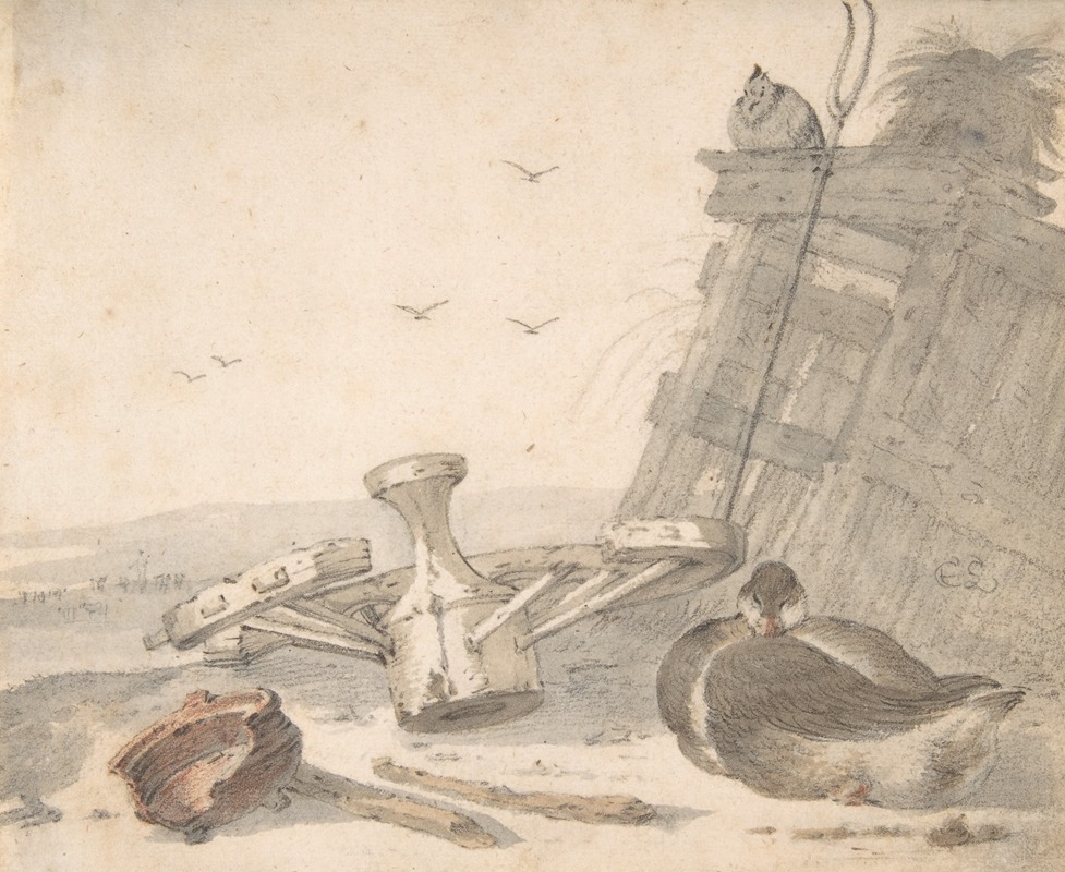 Cornelis Saftleven - A Duck Sleeping near a Broken Wheel in a Farmyard, a Chicken beyond