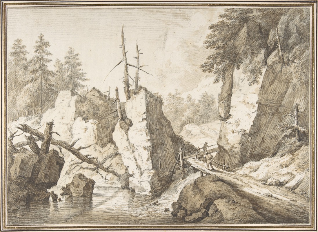 Franz Schütz - Swiss mountain landscape with small bridge spanning a brook