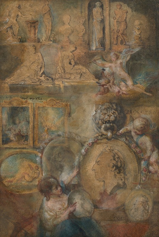 Gabriel de Saint-Aubin - Allegory of Louis XV as Patron of the Arts with Paintings and Sculpture from the Salon of 1769