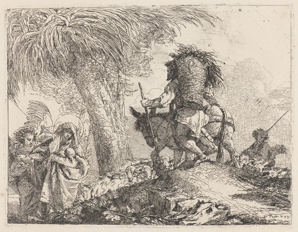 Giovanni Domenico Tiepolo - The Flight, Joseph at Right and Mary and Angel at Left