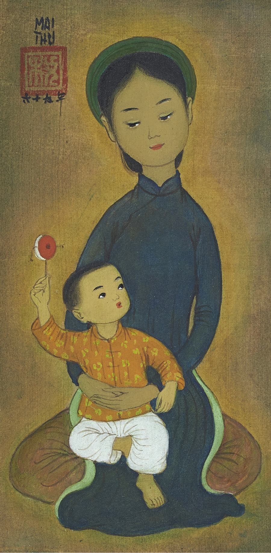 Mai Trung Thu - Jeune Femme et L’Enfant Tenant un Tambourin