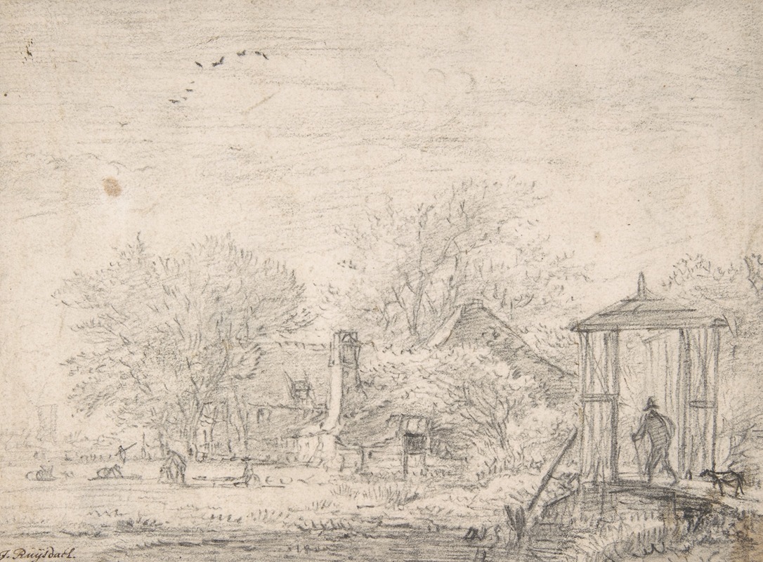 Jacob van Ruisdael - House among Trees, at Right Man and Dog on a Footbridge