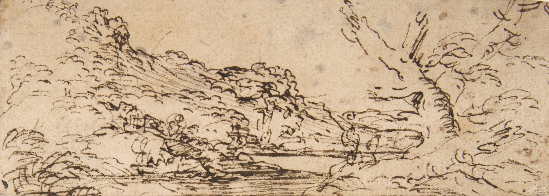 Salvator Rosa - Landscape with hills and a lake, trees in right foreground