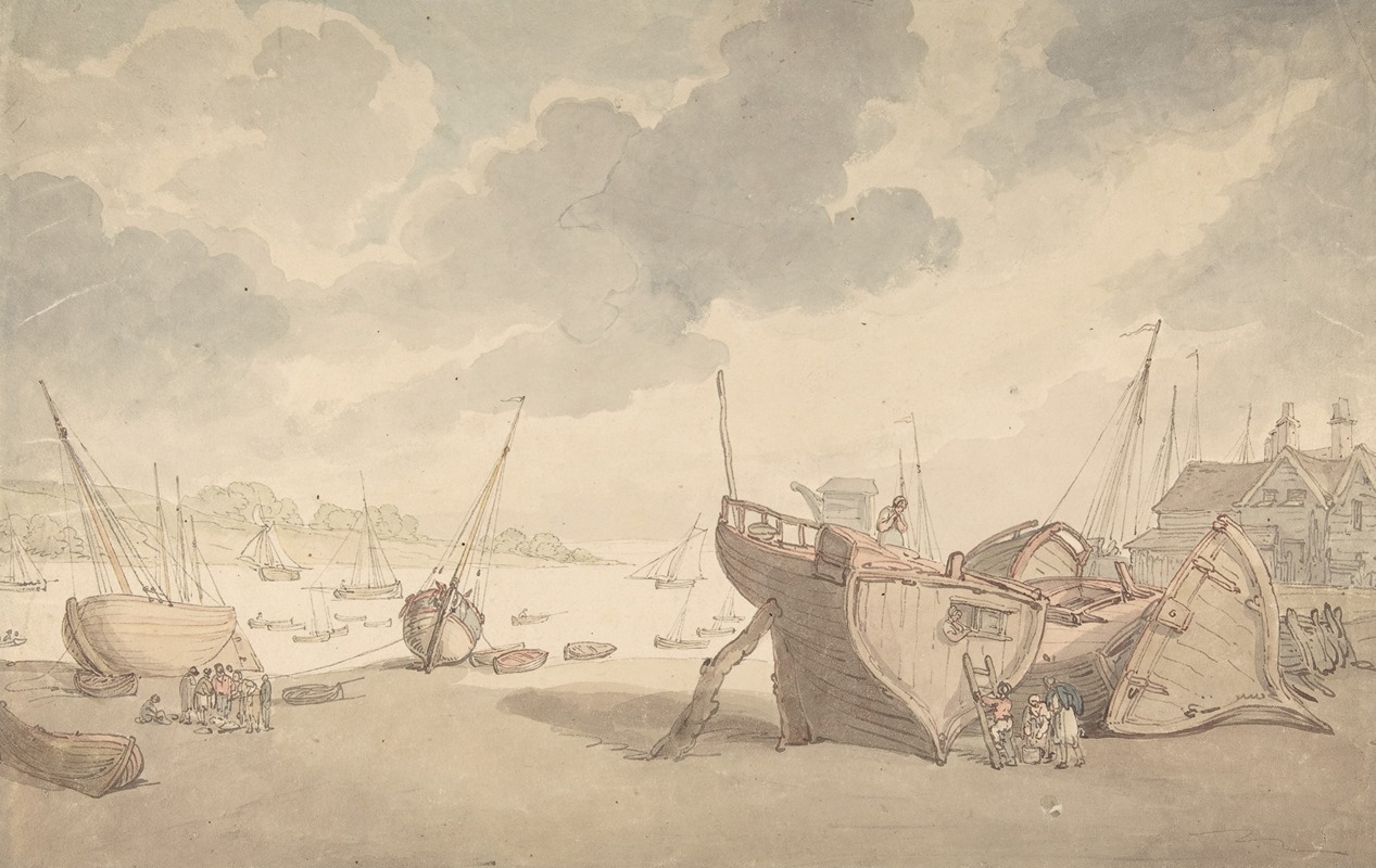 Thomas Rowlandson - Harbor scene with the tide out, and beached boats