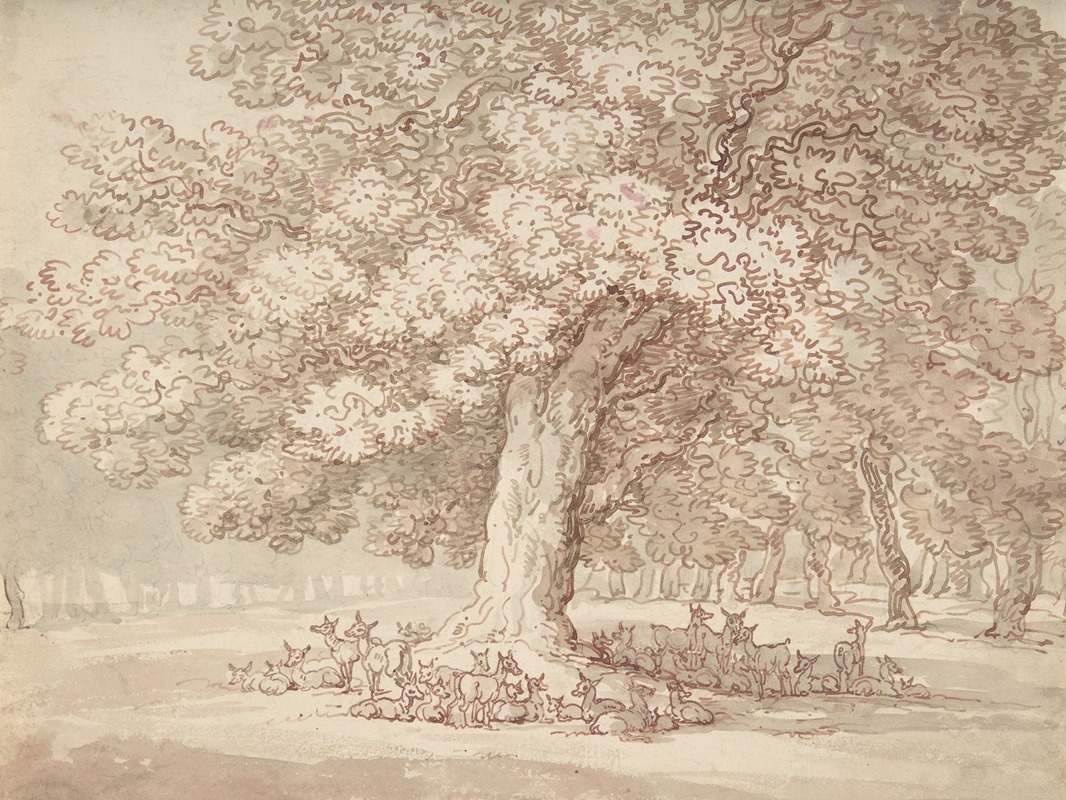 Thomas Rowlandson - Herd of deer under an oak tree