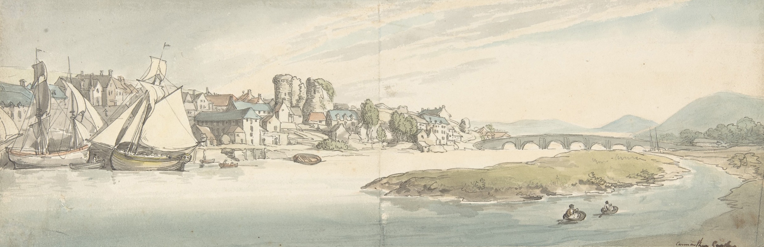 Thomas Rowlandson - View of town on a river (Carwitham Castle)