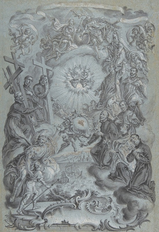 Vitus Felix Rigl - A Study for a Frontispiece; The Trinity and Saints surrounding the Sacred Hearts of Christ and the Virgin Mary, a Coastal Landscape Below