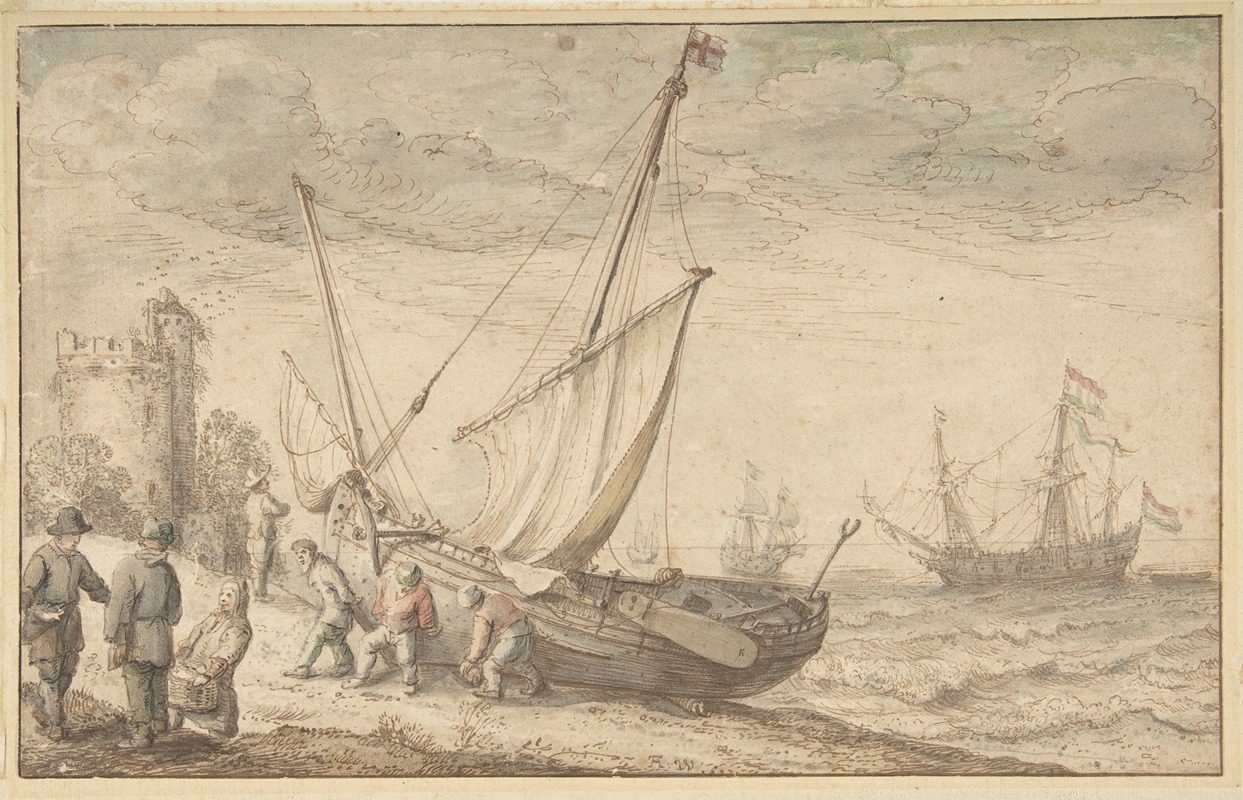 Adam Willaerts - Fisherfolk Hauling their Boat onto the Shore