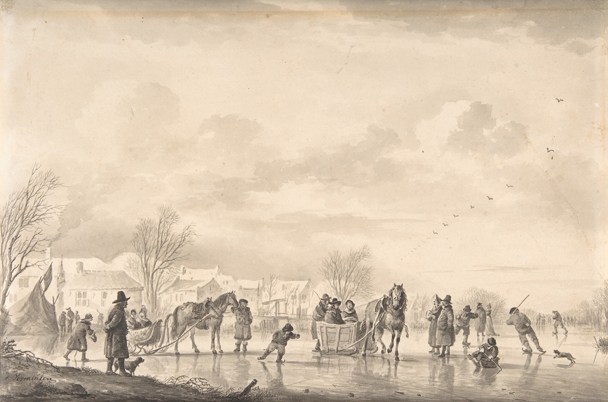 Andries Vermeulen - Winter Landscape with Skaters and Horse-Drawn Sledges on the Ice, a Village Below