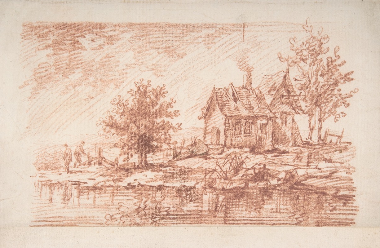 Jean-Antoine Watteau - Farm House along a River, two figures at left
