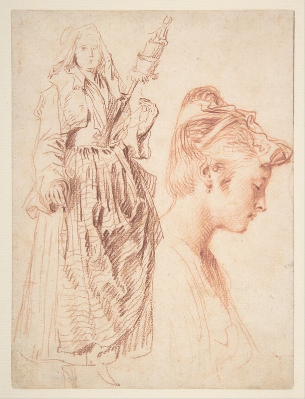 Jean-Antoine Watteau - Standing Woman Holding a Spindle, and Head of a Woman in Profile to Right