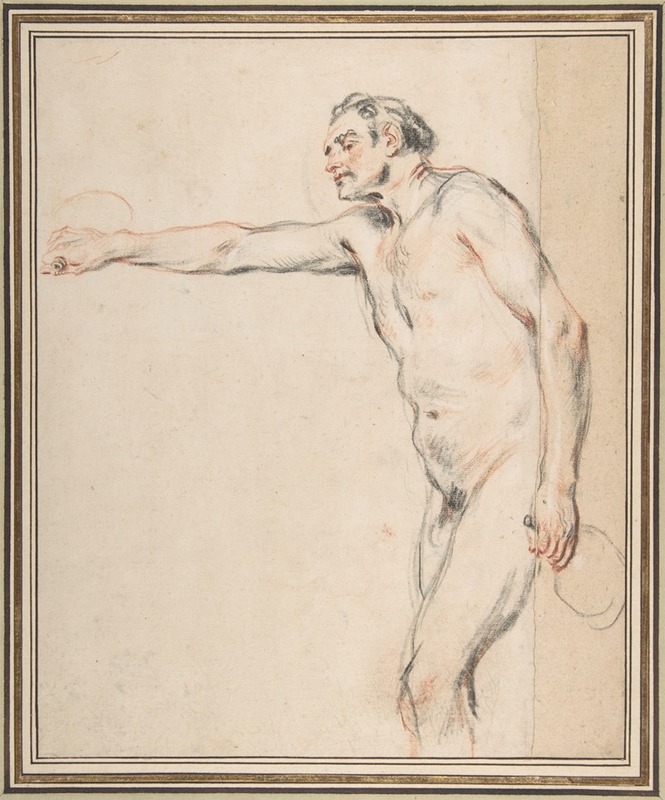 Jean-Antoine Watteau - Study of a Nude Man Holding Bottles