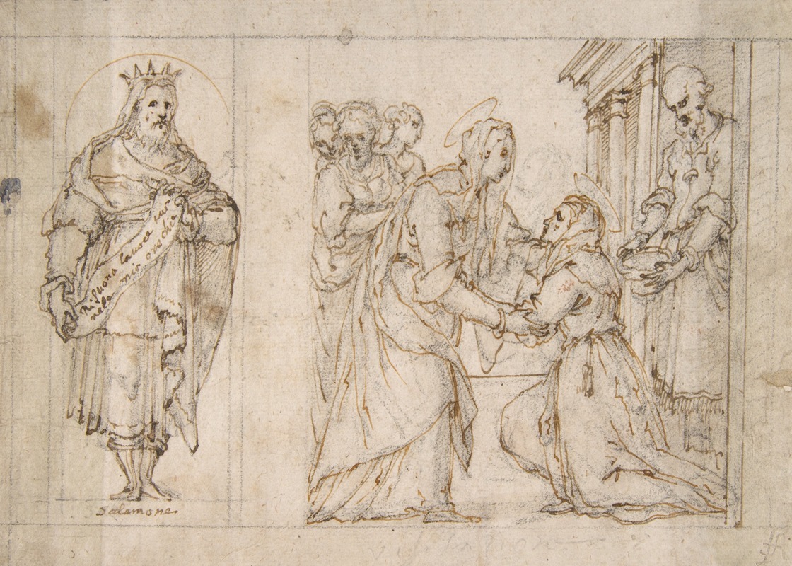 Carlo Urbino - The Visitation of the Virgin to Saint Elizabeth; King Solomon in a Niche at Left.