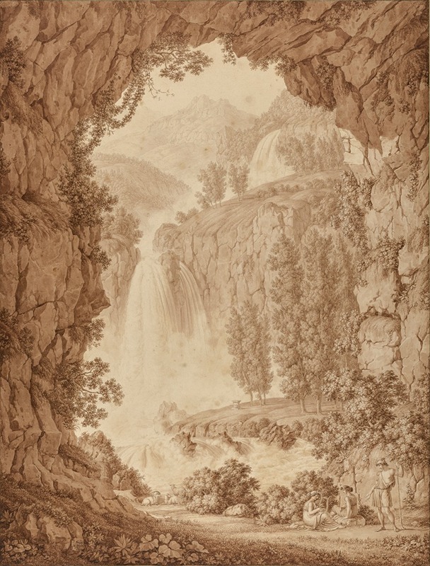 Christoph Henrich Kniep - A Shepherd and Muses by a Waterfall