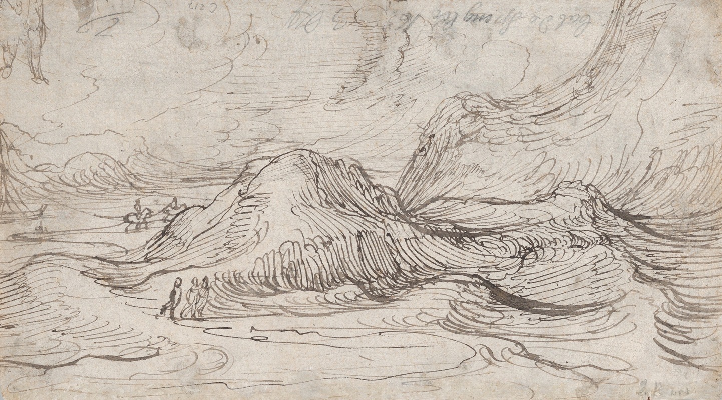 Cornelis Claesz. van Wieringen - A Mountainous Landscape near a River with a Horse-Drawn Barge and Several Figures