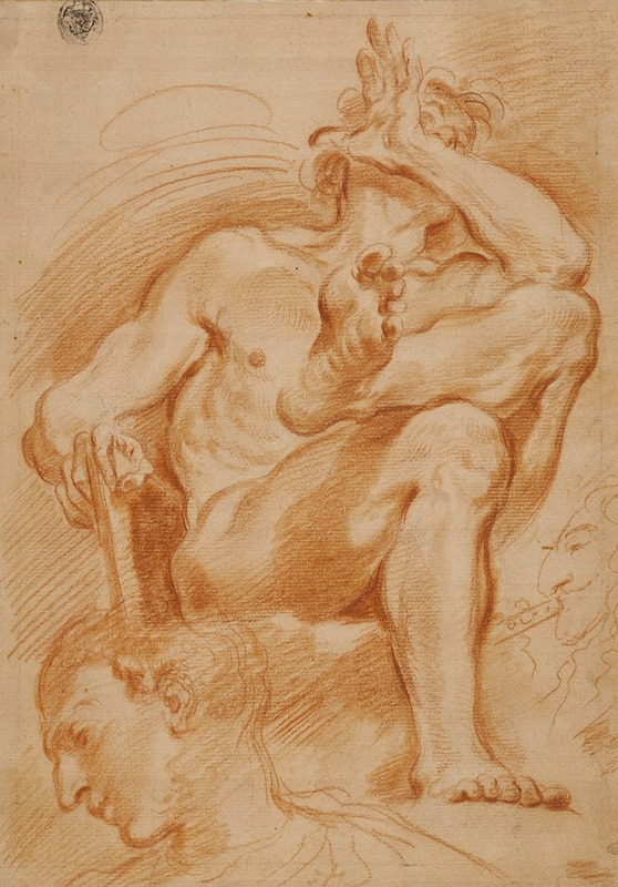 Domenico Maria Canuti - Sheet of Studies; A Seated Nude Man, A Youthful Head and a Caricature Head of a Man Playing a Pipe