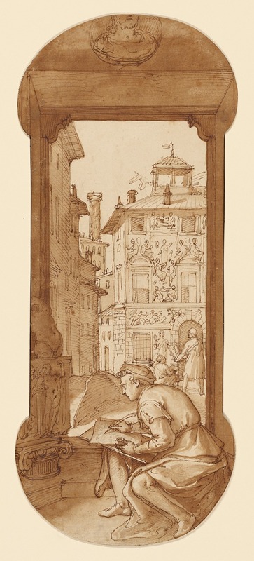 Federico Zuccaro - Taddeo Drawing after the Antique; In the Background Copying a Facade by Polidoro