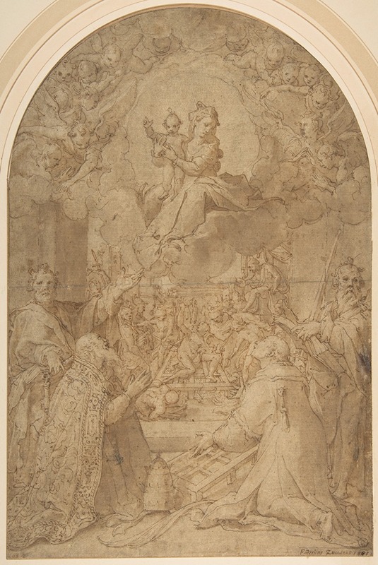 Federico Zuccaro - The Virgin and Child Appearing to Saint Peter, Saint Damasus, Saint Lawrence, and Saint Paul; the Martyrdom of Saint Lawrence in the Background