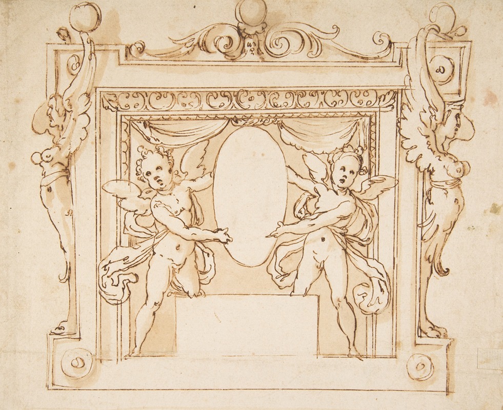 Follower of Federico Zuccaro - Drawing for a Memorial Tablet; Two Winged Children Holding an Empty Oval in a Frame with Gryphons