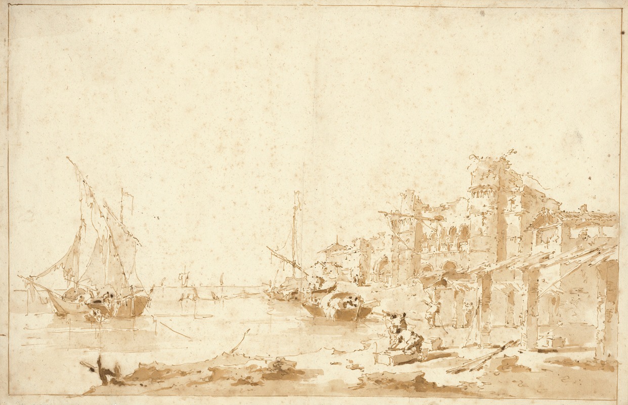 Francesco Guardi - An Imaginary View of a Venetian Lagoon, with a Fortress by the Shore