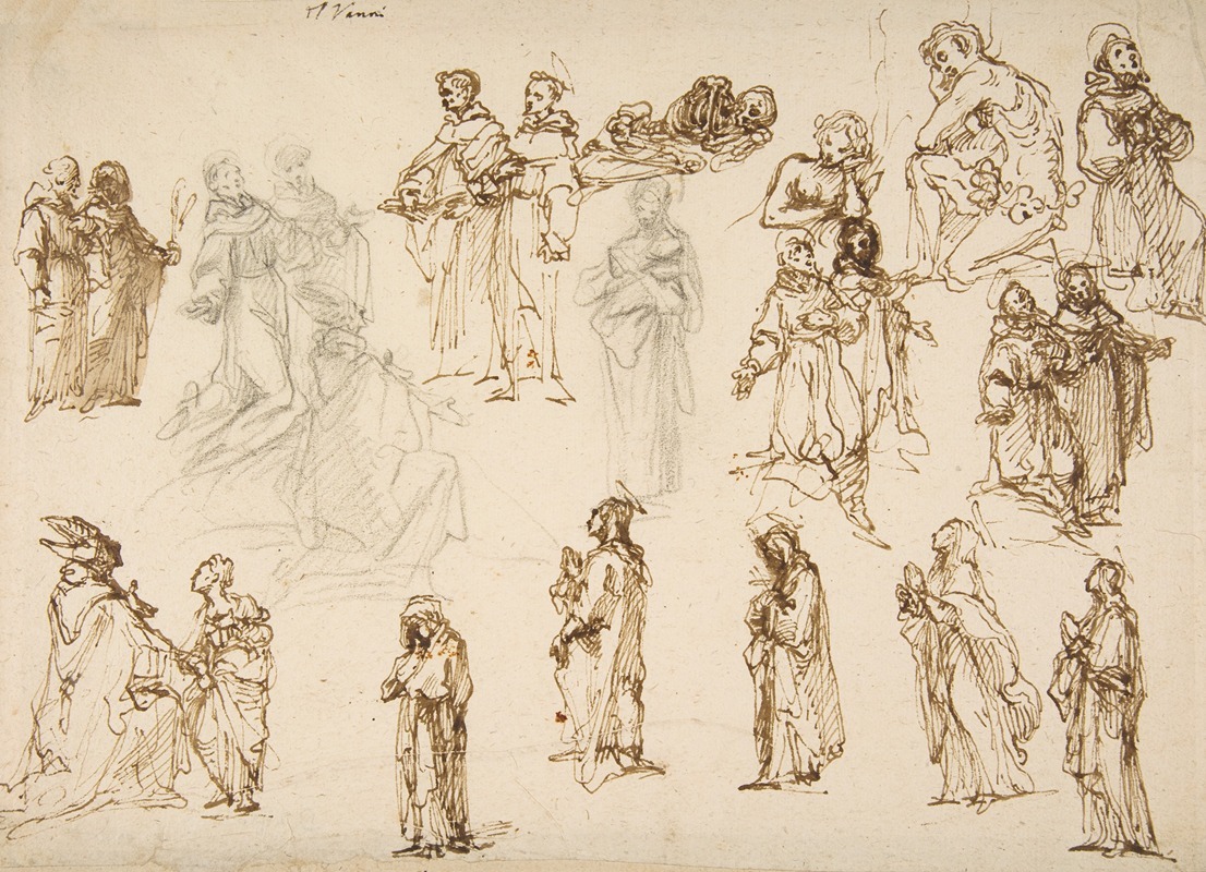 Francesco Vanni - Figure Studies; Standing and Kneeling Clerics and Religious, Adam and Eve, and a Reclining Skeleton