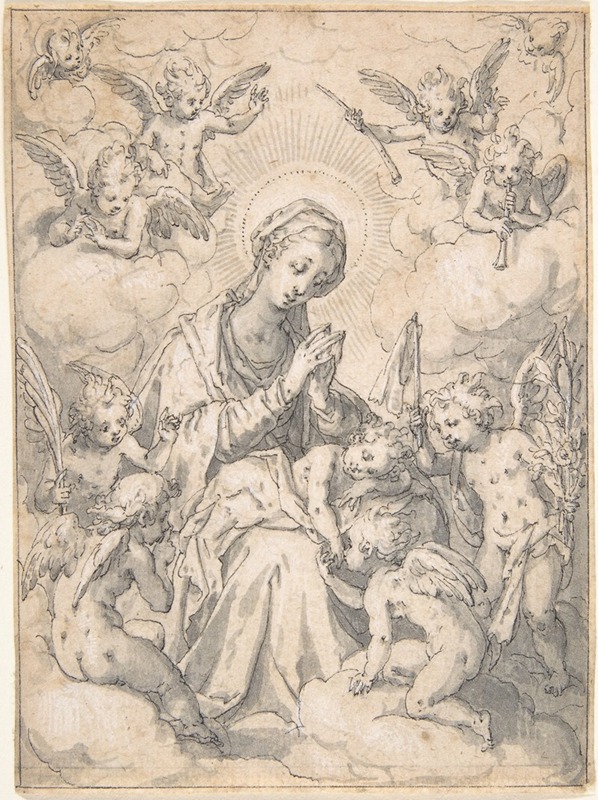 Friedrich Sustris - The Virgin and Child Surrounded by Little Angels in the Clouds