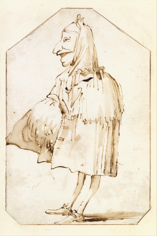 Giovanni Battista Tiepolo - Caricature of a Man in a Mask and a Cloak, Holding a Muff and a Tricorne, Standing in Profile to the Left