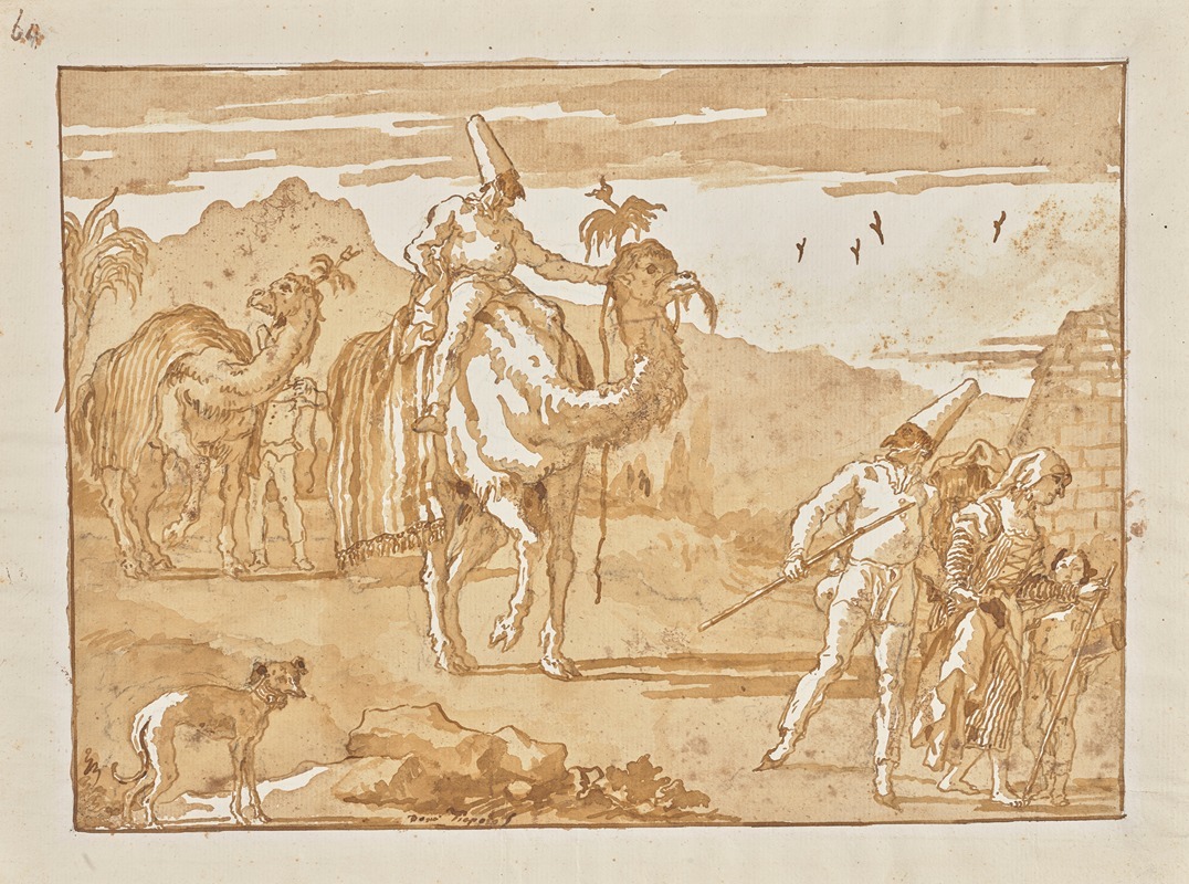Giovanni Domenico Tiepolo - The Punchinello Riding a Camel at the Head of a Caravan