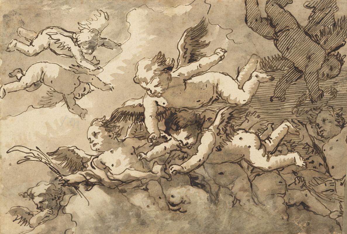 Giovanni Domenico Tiepolo - A Flock of Winged Cherubs in the Sky, One Holding a Martyr’s Palm