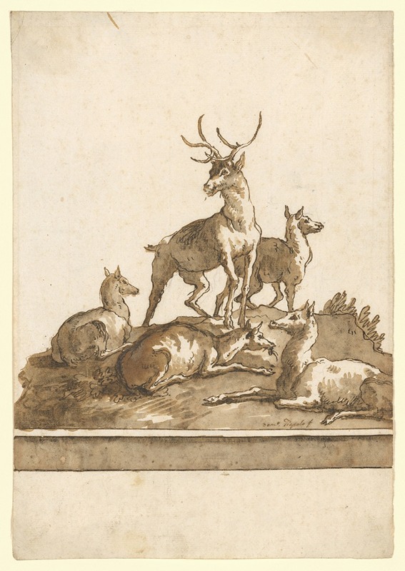 Giovanni Domenico Tiepolo - A Stag and Four Hinds on a Grassy Knoll (with Base)