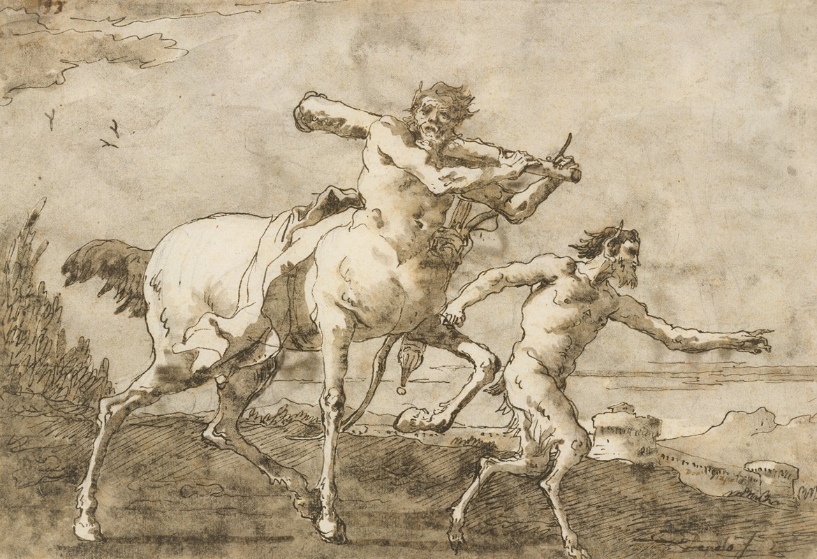 Giovanni Domenico Tiepolo - Satyr Leading a Centaur, Who Carries a Club, Bow and Quiver, Outside the Walls of a City