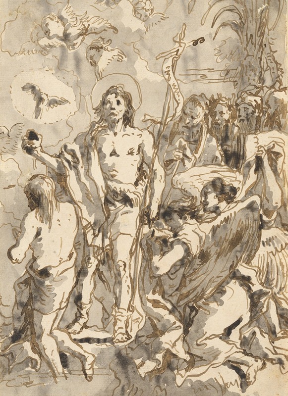 Giovanni Domenico Tiepolo - The Baptism of Christ (with Christ Half-Kneeling at Left, His Back Turned, and the Baptist Full-Faced at Center, Looking Up)