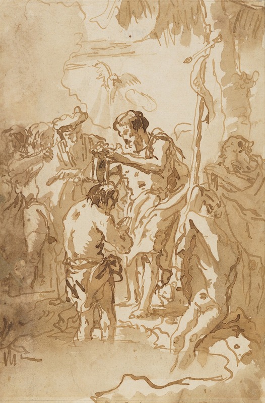 Giovanni Domenico Tiepolo - The Baptism of Christ (with Christ Standing at Left Center, His Back Turned, and a Youth Stripping in the Right Foreground)