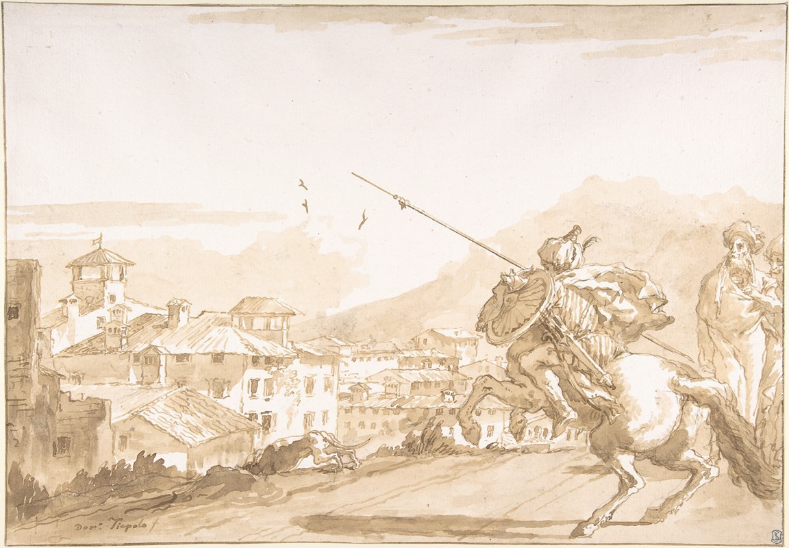 Giovanni Domenico Tiepolo - Turkish Lancer and Onlookers Approaching a Town