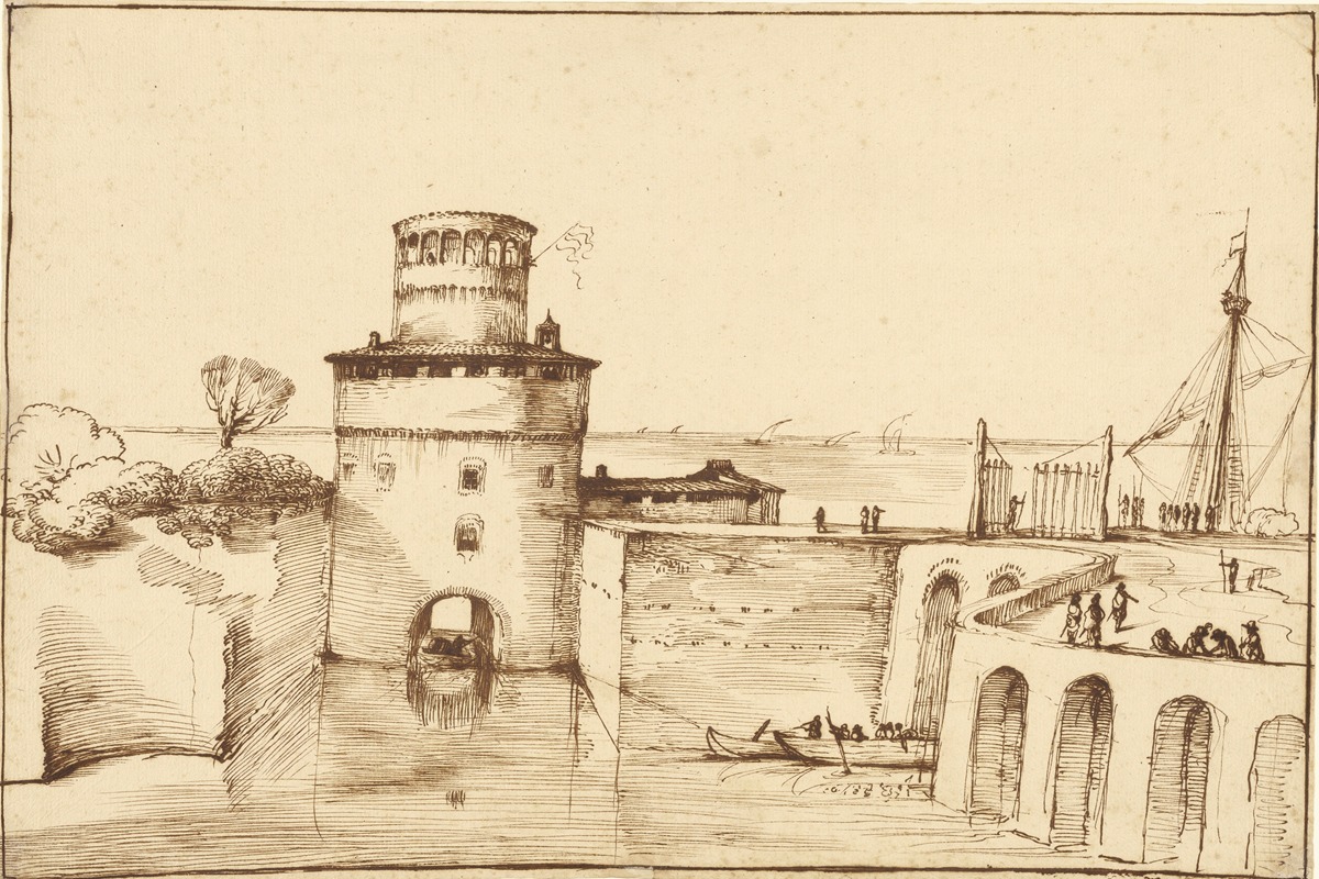 Guercino - Landscape with a View of a Fortified Port
