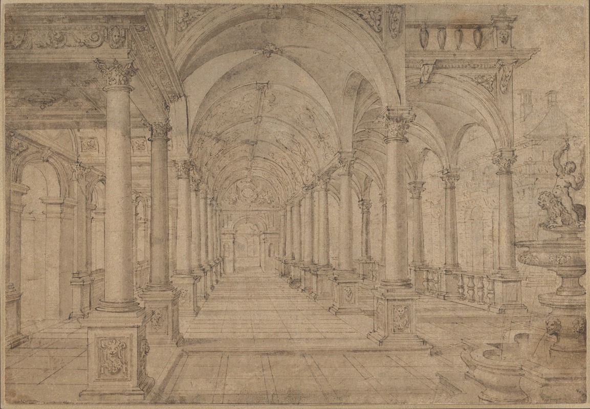 Hans Vredeman de Vries - Architectural Capriccio with an Arcade and Fountain in Point Perspective [Study for a Painting of John the Baptist before Herod]