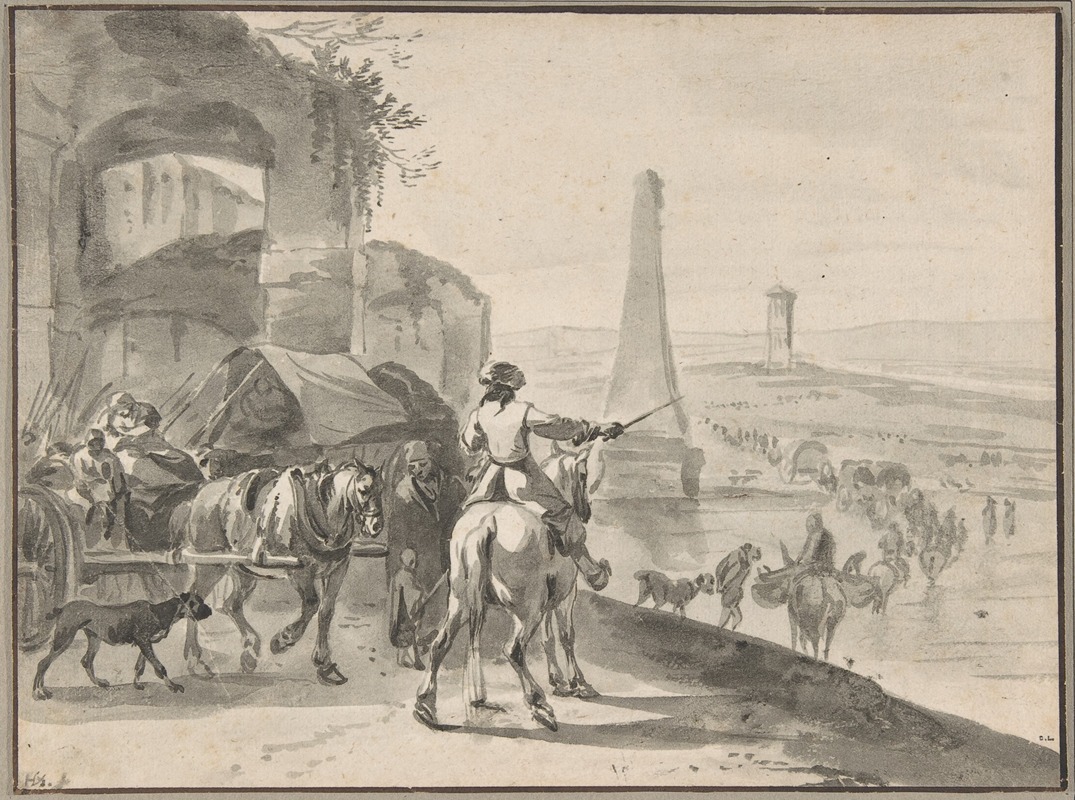 Hendrik Verschuring - Travellers and wagons fording a river in a Southern landscape