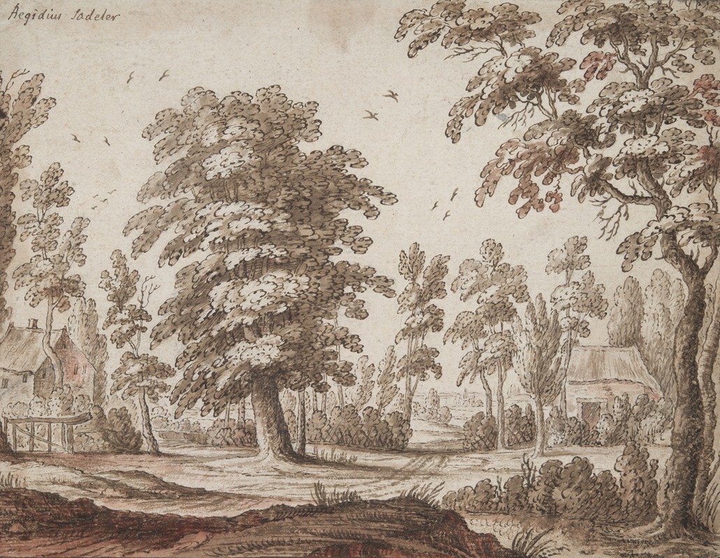 Hendrik Hondius the Elder - Trees and Two Cottages